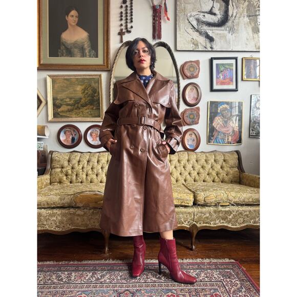70s Faux Leather Chocolate Leather Trench Coat Size M/L 32" by Amerex - Picture 1 of 14